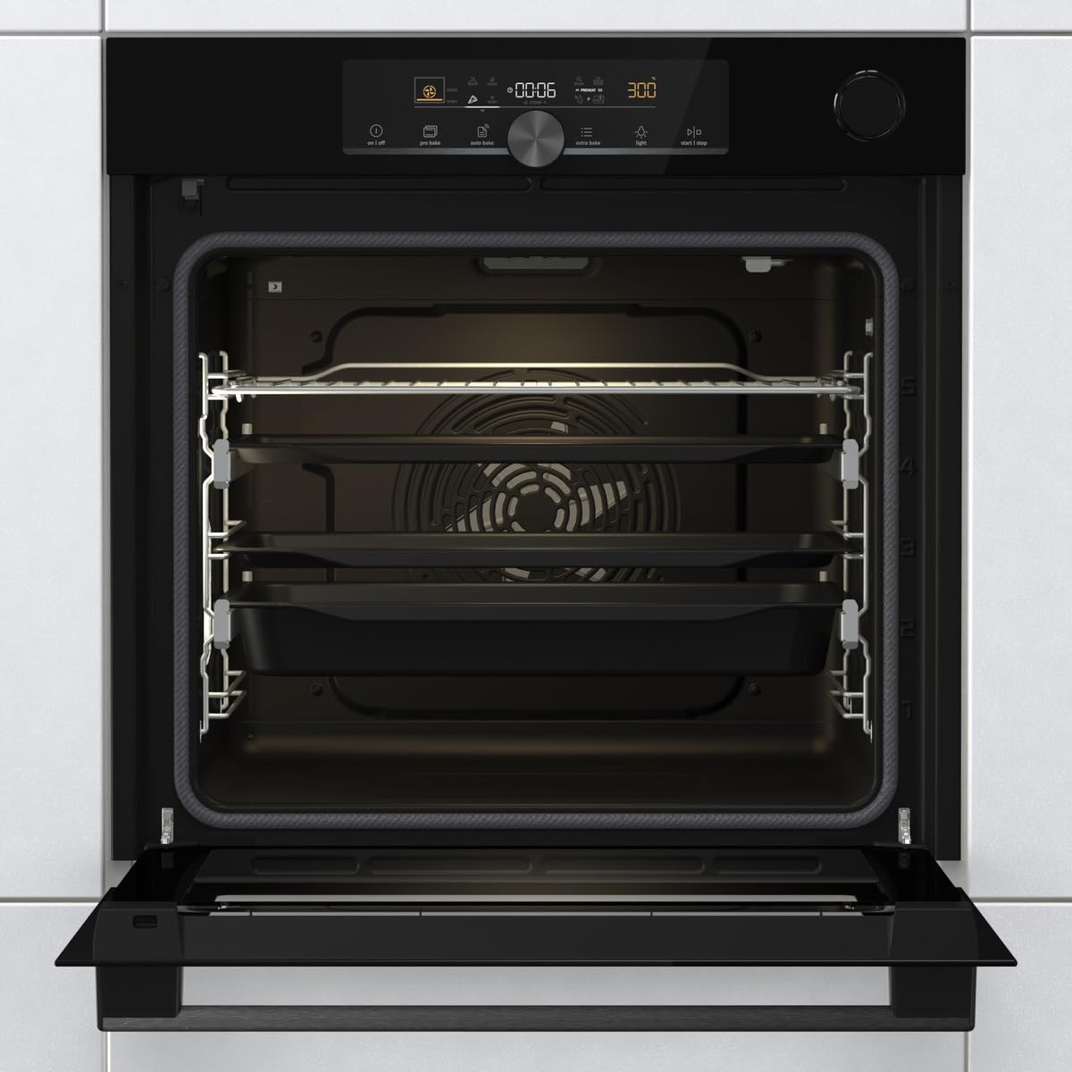 Einbau-Backofen 77L Schwarz mit Heißluft, Pyrolyse & Pizza-Modus 300°C