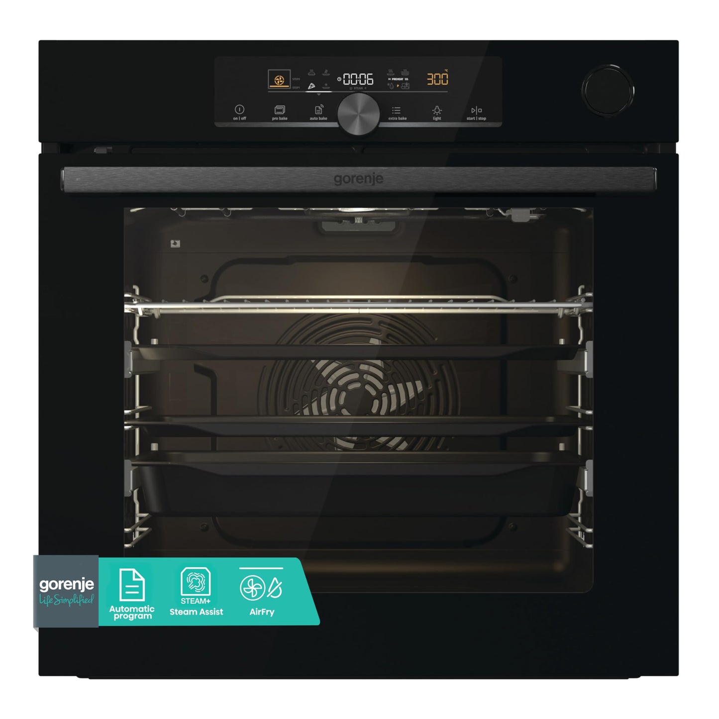 Einbau-Backofen 77L Schwarz mit Heißluft, Pyrolyse & Pizza-Modus 300°C